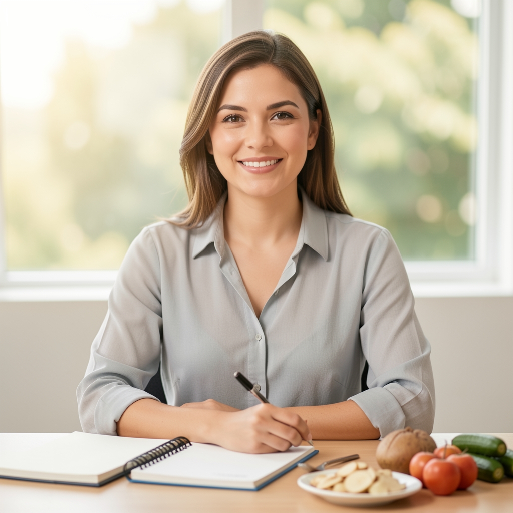 Portrait of a nutrition professional in a clean studio workspace with natural light, notebooks and whole food samples on a desk