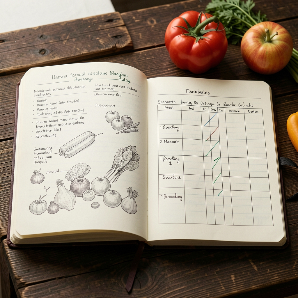 Open notebooks with nutritional notes, seasonal produce sketches, and handwritten meal planning grids on a dark wood surface