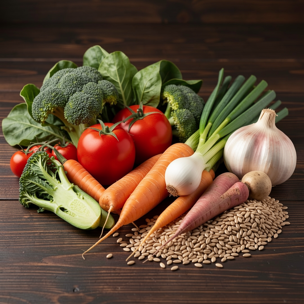 Fresh seasonal vegetables and whole grains arranged on a dark wooden surface under controlled studio lighting