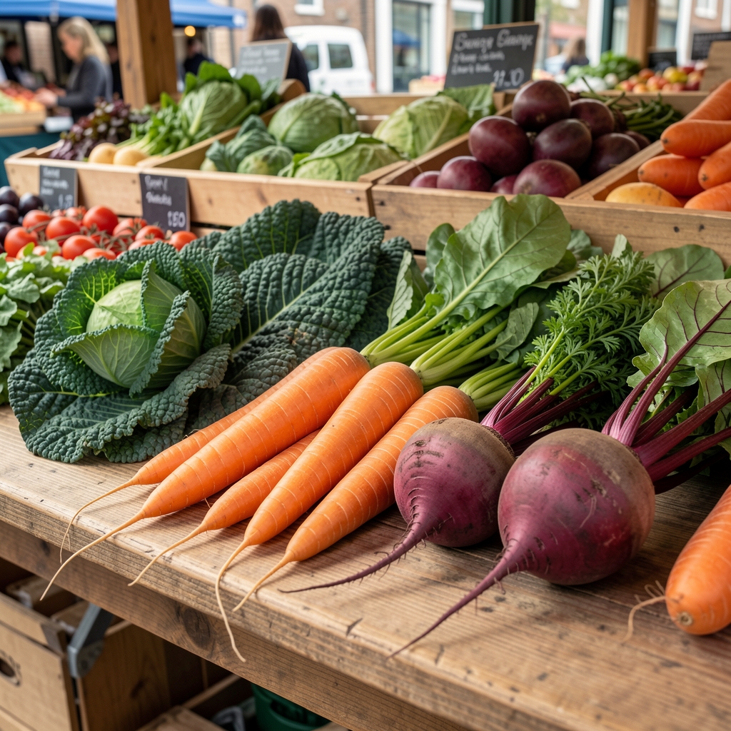 Seasonal UK vegetables — kale, carrots and beetroot arranged on a wooden market stall surface in natural daylight