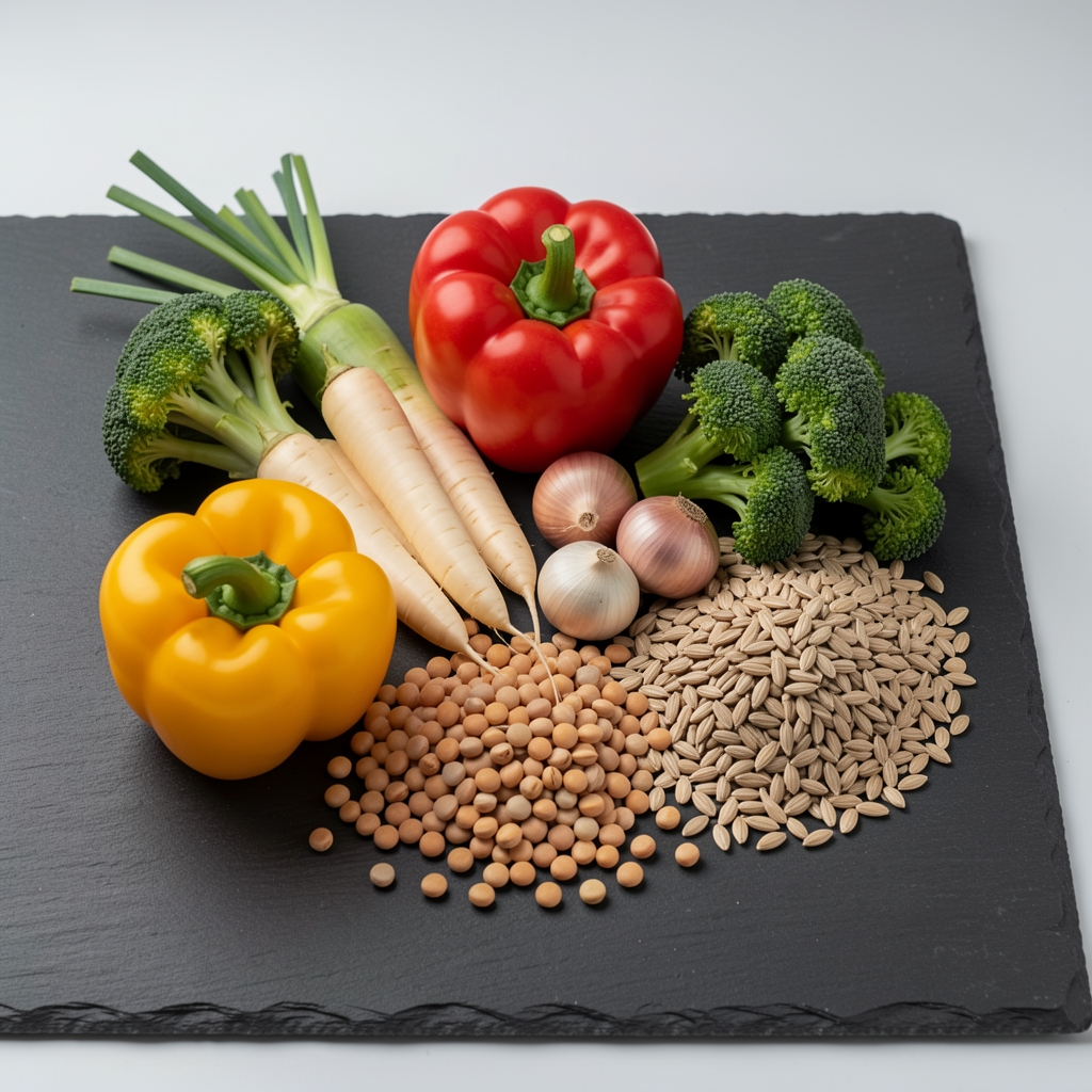 Varied seasonal vegetables, pulses and whole grains displayed on a dark slate surface under clean studio lighting with clear portion arrangement
